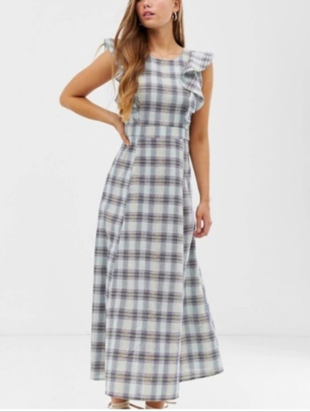 Glamorous Light Blue Plaid Ruffle Shoulder Maxi Length Prairie Dress 4 Small NWT